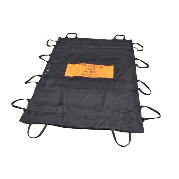 Heavy-duty black lifting tarp with handles and 600kg load capacity.