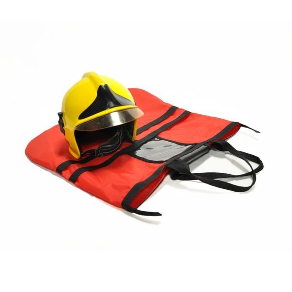 Yellow firefighter helmet with red storage bag.