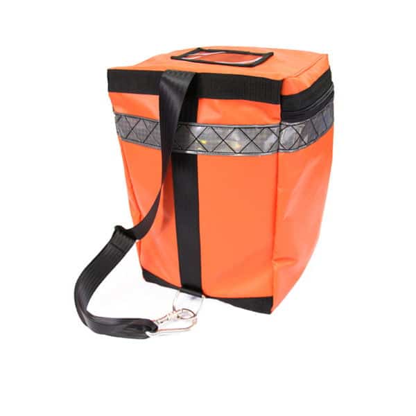 Orange safety bag with black strap and reflective strip.