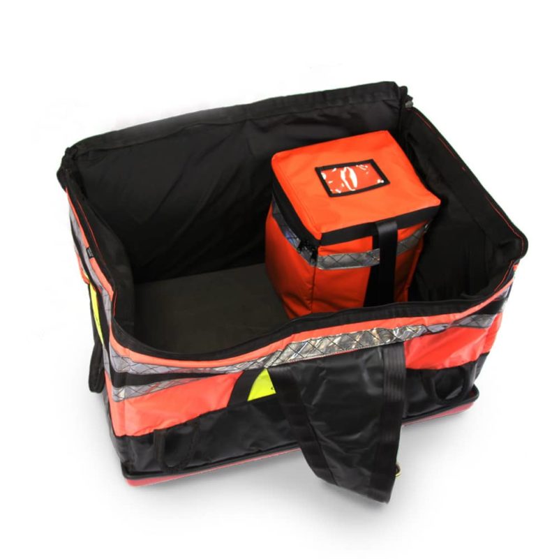 Large black and red medical emergency bag with interior pocket.