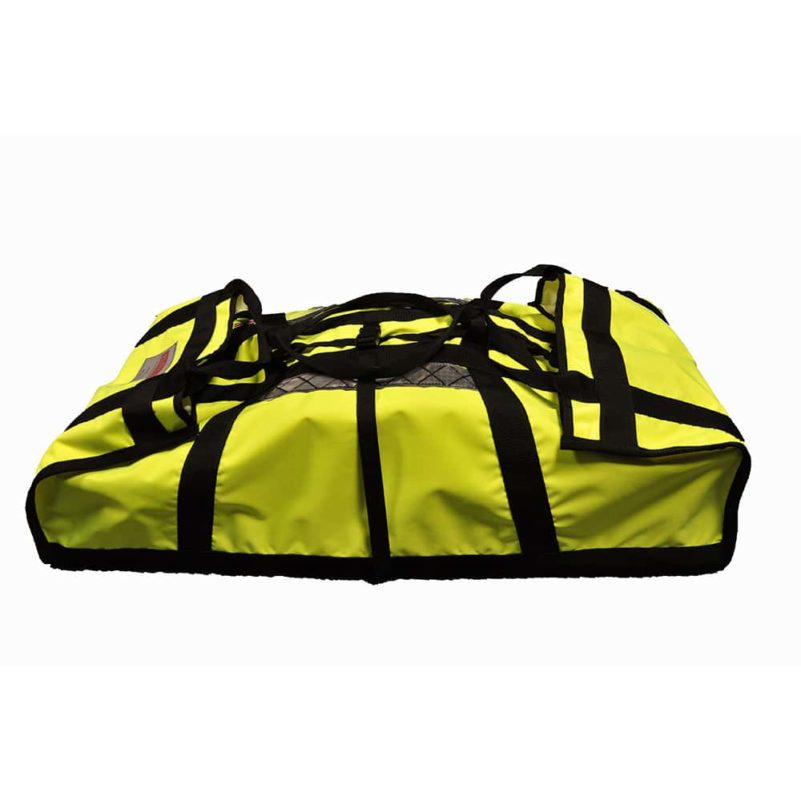 Bright yellow patient carrying bag with black straps