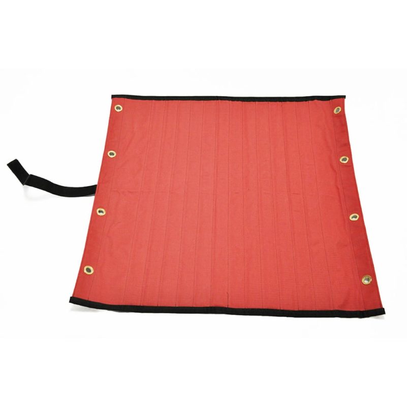 Red padded lifting sling with black strap and grommets.