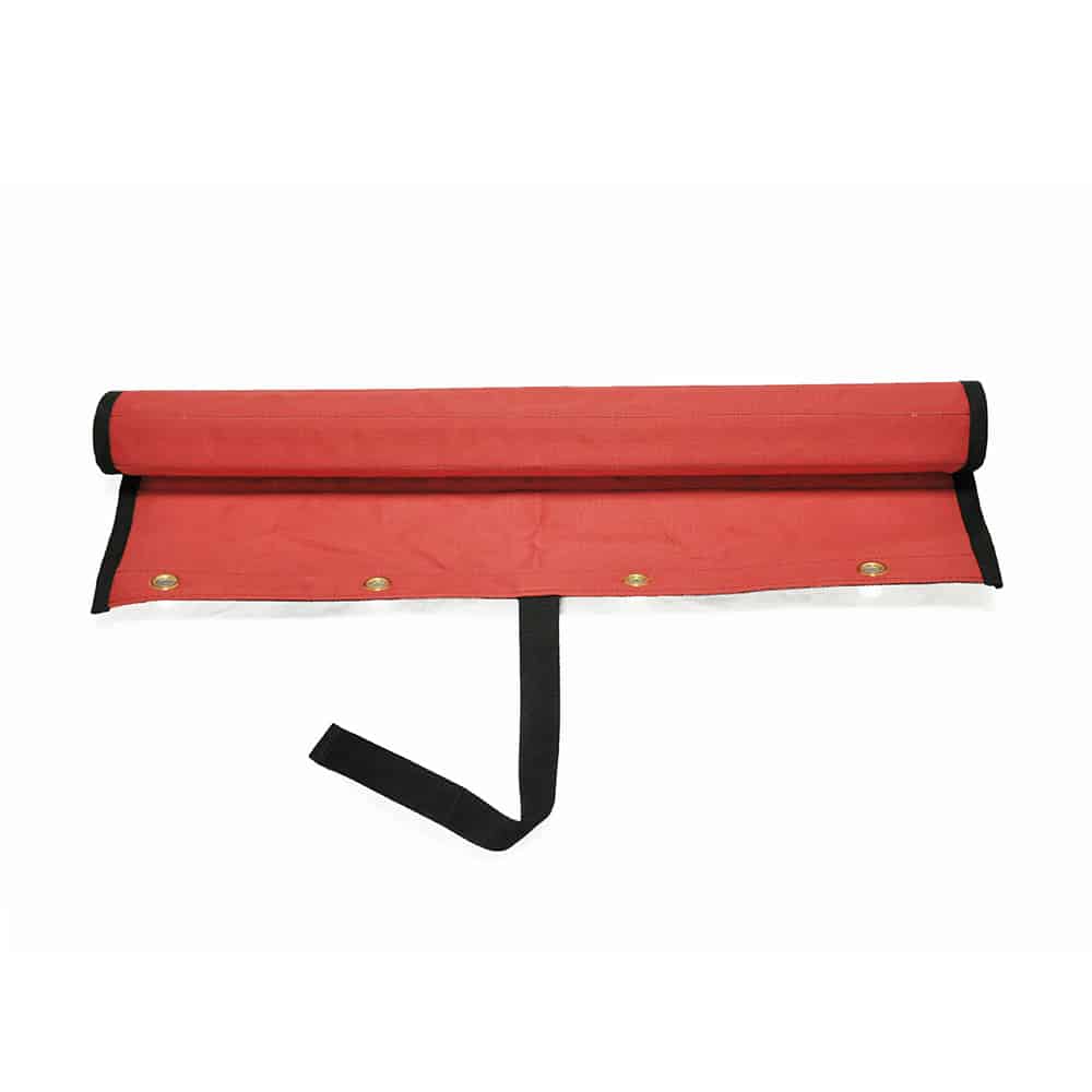 Red rolled-up tarpaulin with strap and grommets.