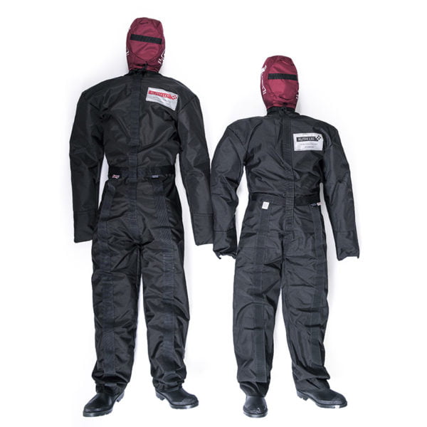 Two mannequins in black protective coveralls against white background.