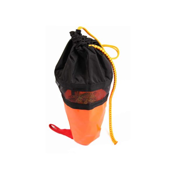 Orange and black drawstring bag with yellow rope.