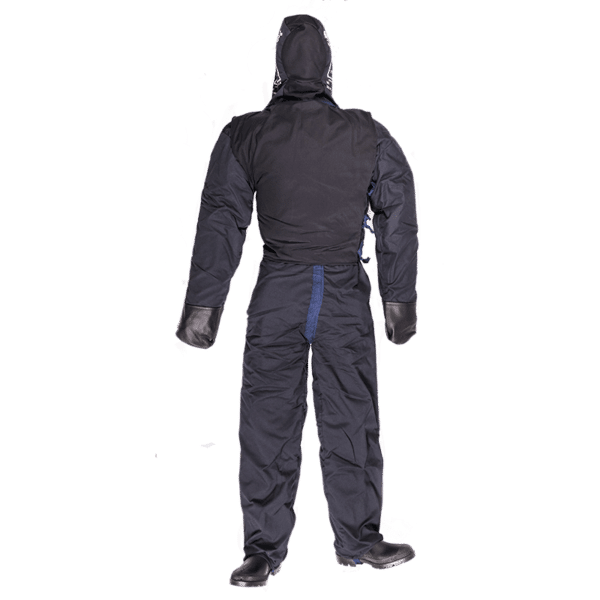 Person wearing black protective coverall and gloves.