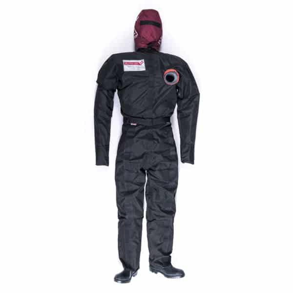 Protective racing suit with integrated head and neck cover.