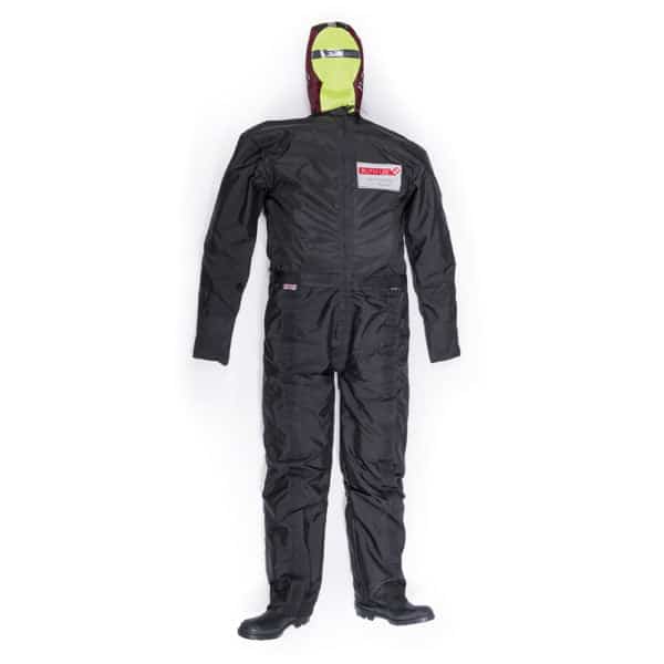 Protective hazmat suit with hood and full body coverage.