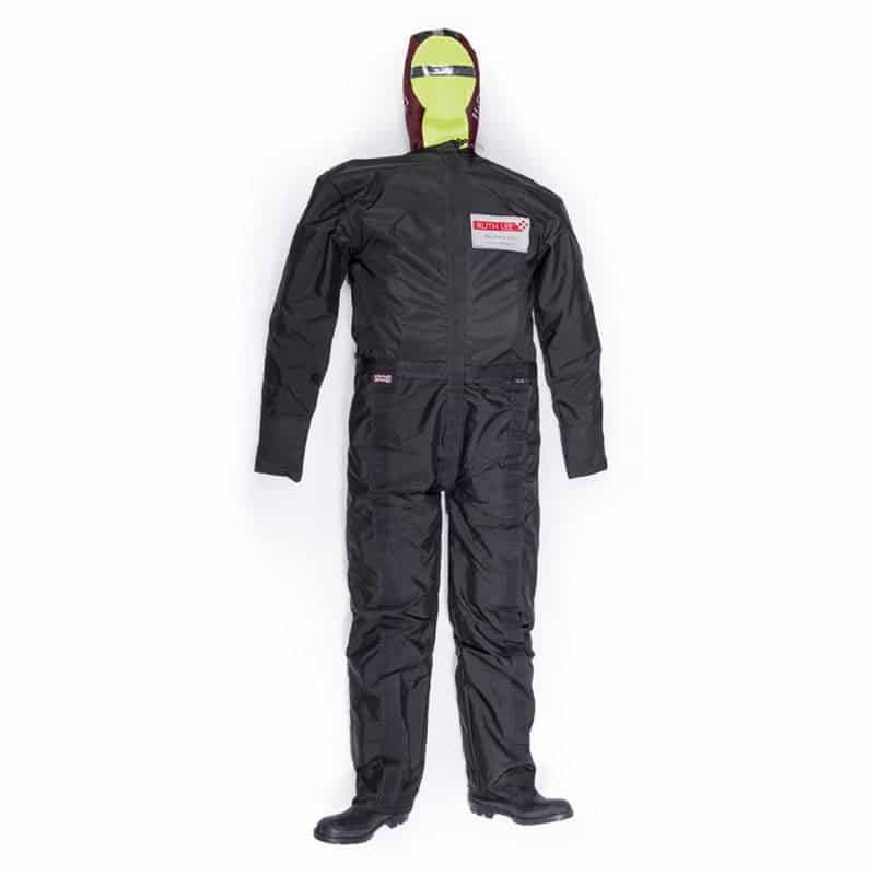 Protective hazmat suit with hood and full body coverage.