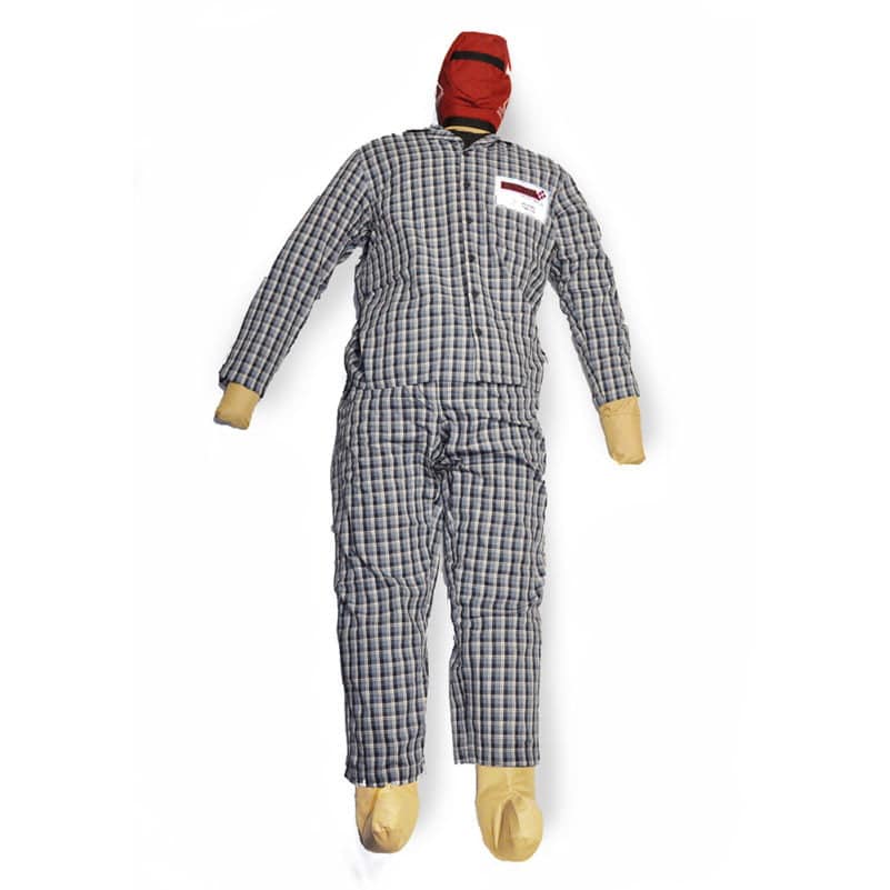 Emergency rescue training manikin wearing plaid outfit.
