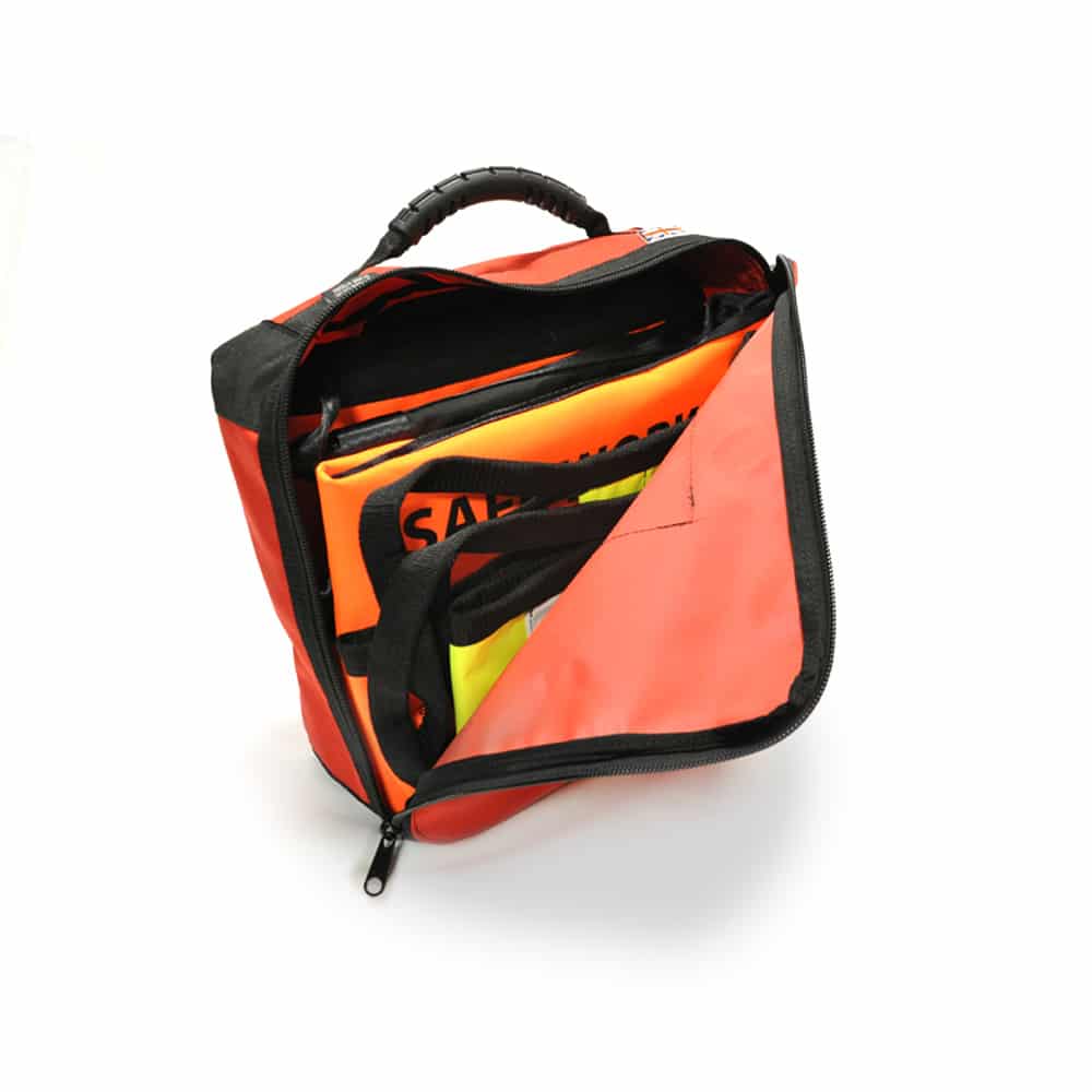 Red tool bag with open zipper and contents visible.