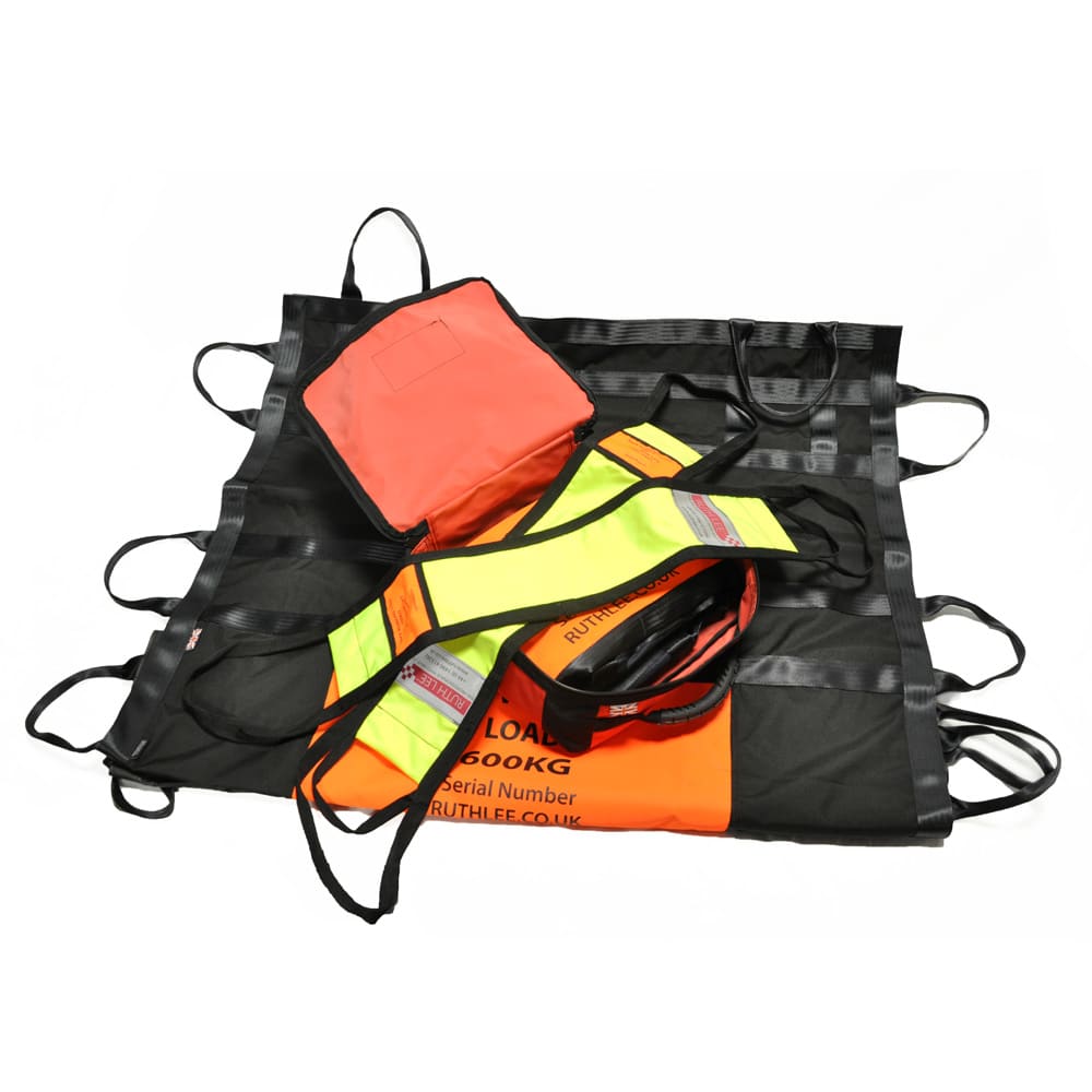 Heavy-duty rescue stretcher with high visibility straps and handles.