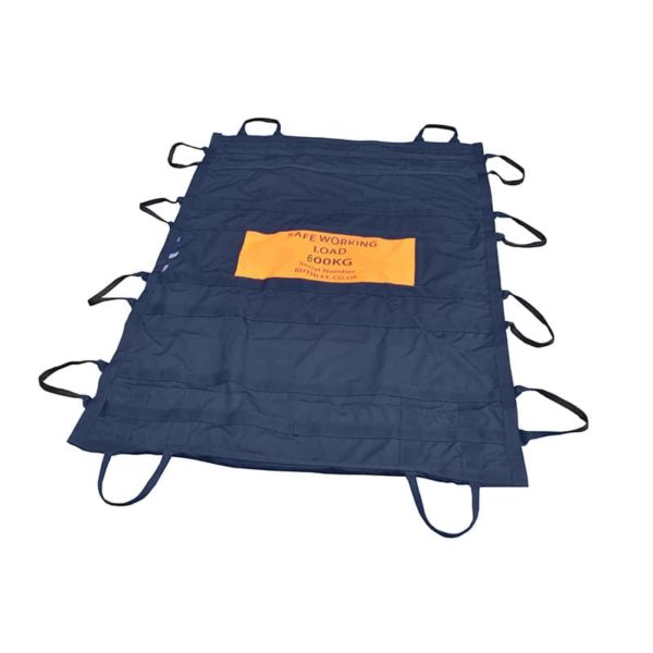 Blue lifting blanket, 600kg safe working load, eight handles