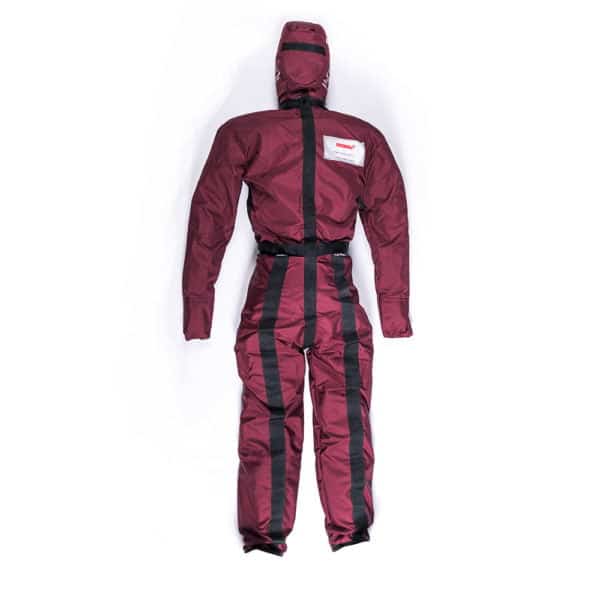 Red training dummy with black stripes, lying flat.