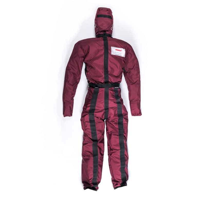 Red training dummy with black stripes, lying flat.