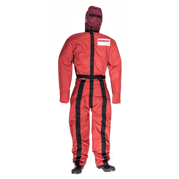 Person wearing red survival drysuit, back view.