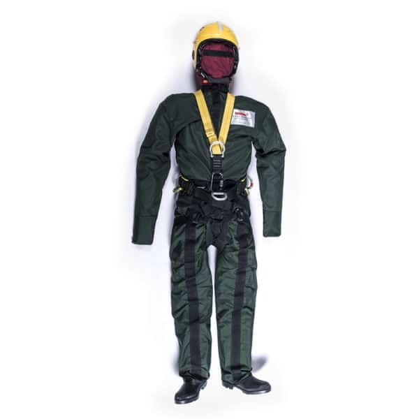 Safety training mannequin with helmet and harness.