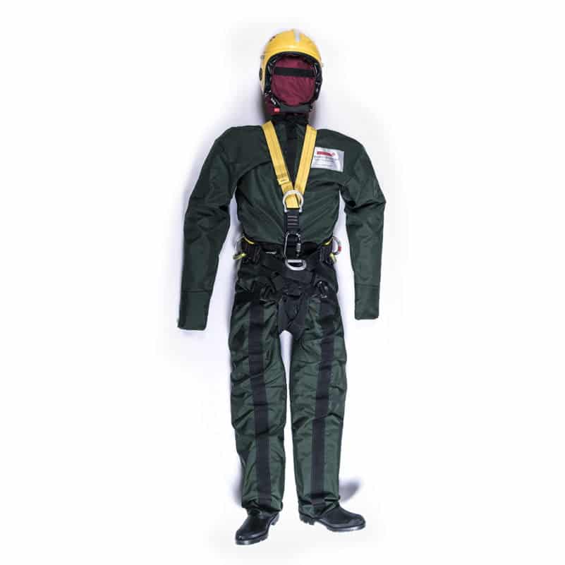 Safety training mannequin with helmet and harness.