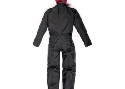 Black fire protection suit and red hood viewed from behind.