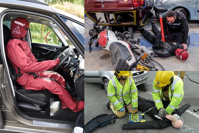Crash test dummies in various vehicle accident scenarios.