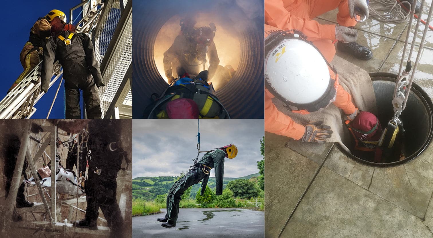 Rescue training exercises for confined space and high-altitude rescue.
