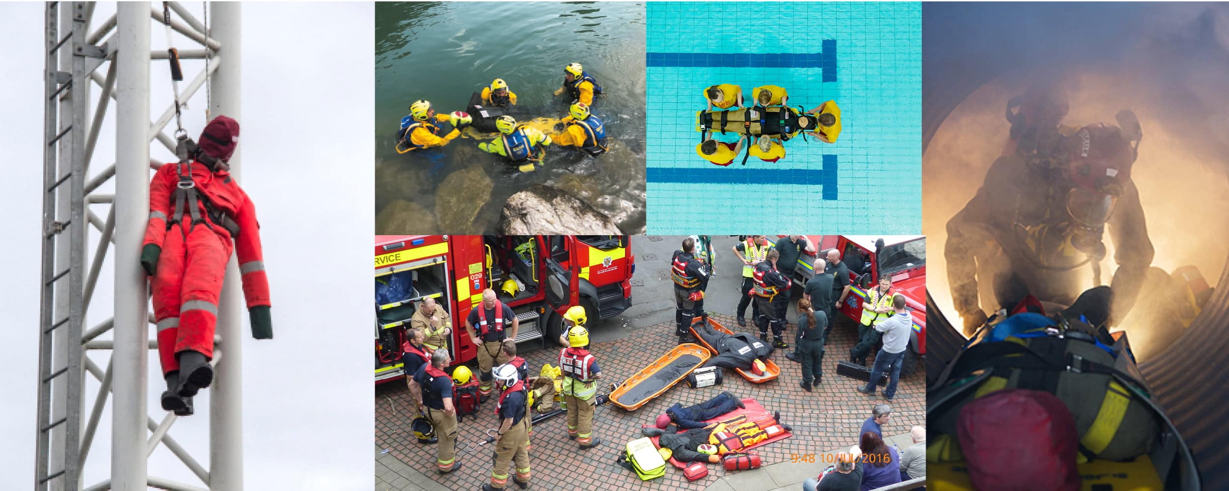 Emergency rescue training manikins in various environments.