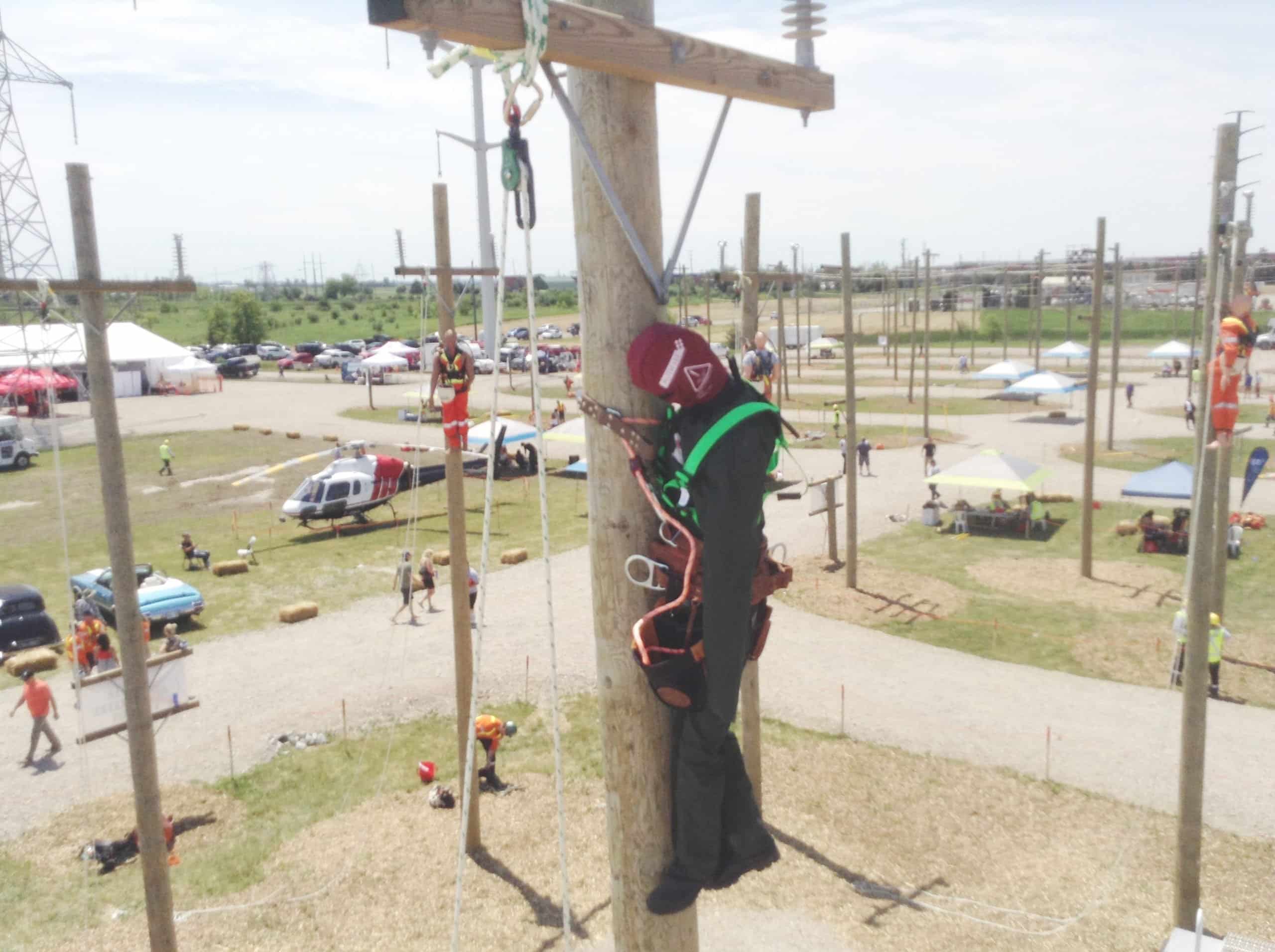 High rope course outdoor event with safety harnesses.