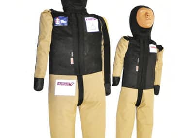 Crash test dummies in protective suits.