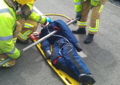 Emergency responders aid injured person during rescue operation.