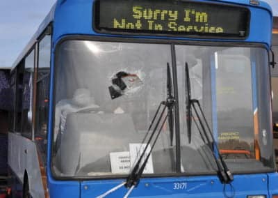 Multi Trauma Training Manikins - Damaged bus with broken windshield, not in service.