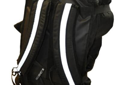 Black backpack with reflective straps.