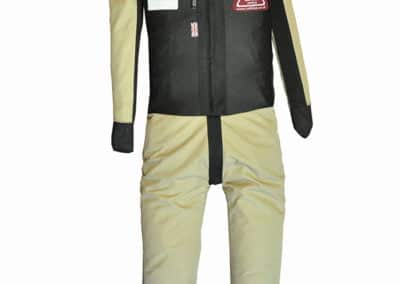 Protective firefighting training dummy with fire-resistant clothing.