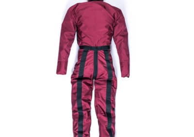 Maroon jumpsuit with black stripes, hooded, rear view.