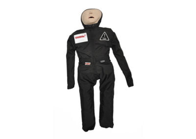 Firefighter training dummy in black uniform.