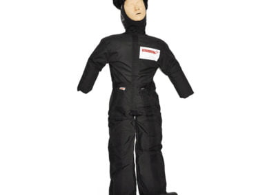 Rescue training dummy wearing black jumpsuit and boots.