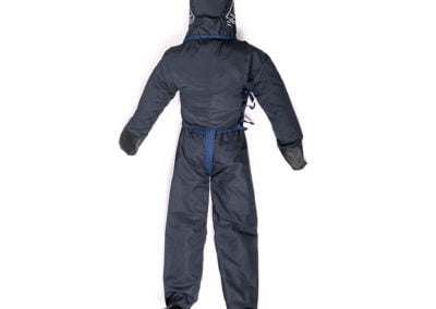 Training dummy dressed in black protective gear.