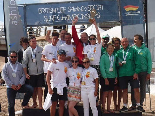 British Life Saving Sport Surf Championships winners celebrate.