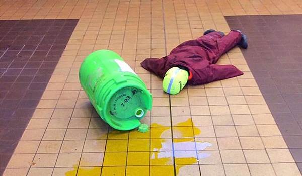 Spilled barrel and mannequin lying on tiled floor.