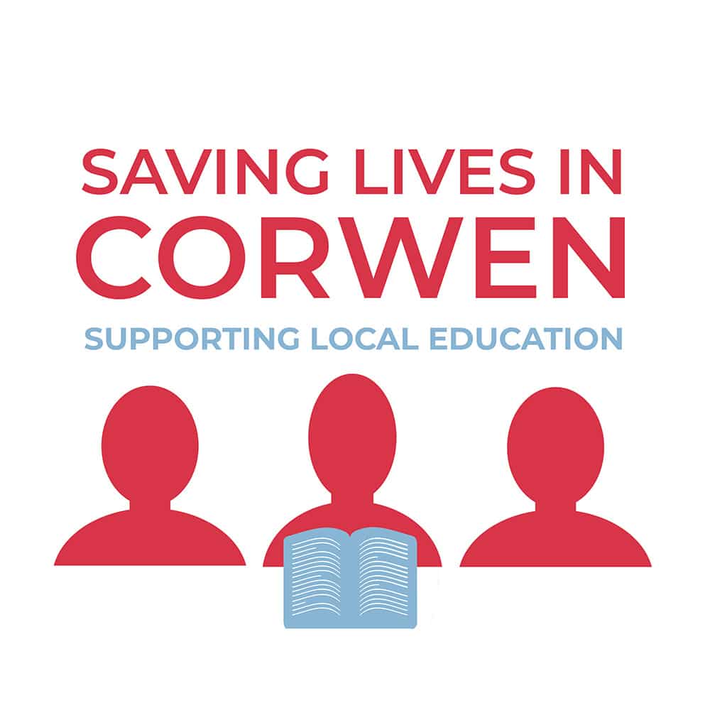 Saving lives in corwen logo white supporting education