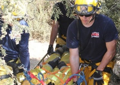 Firefighters rescuing person with stretcher in forest.