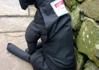 Training dummy dog in black suit sitting outside.