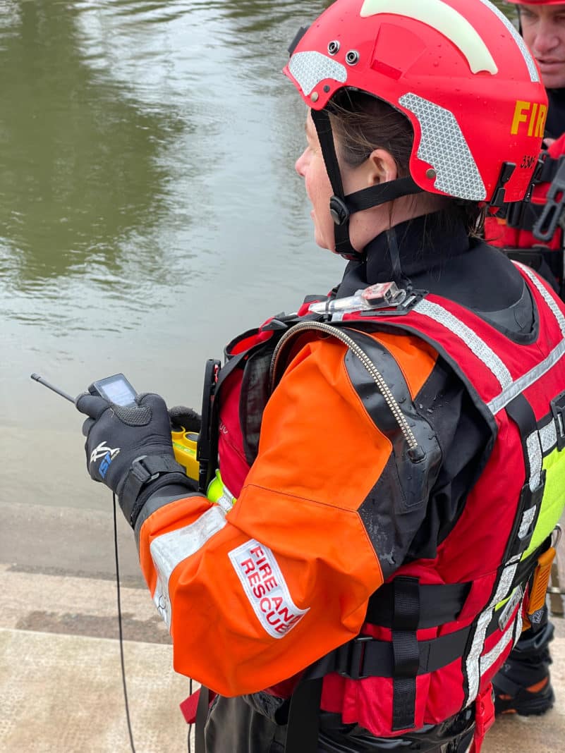 Fire and rescue training at waterside with fred fast rescue device
