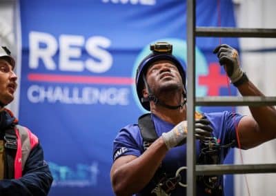 Two workers participating in a safety challenge event.
