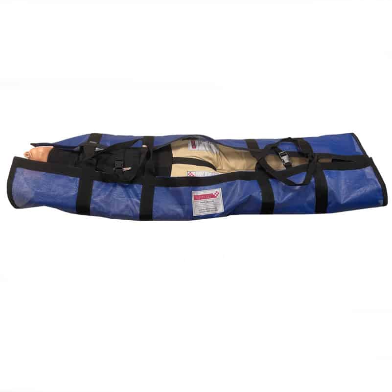 Emergency rescue training dummy in blue storage bag.