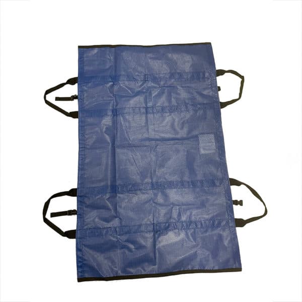 Blue reusable tarpaulin sheet with black handles.